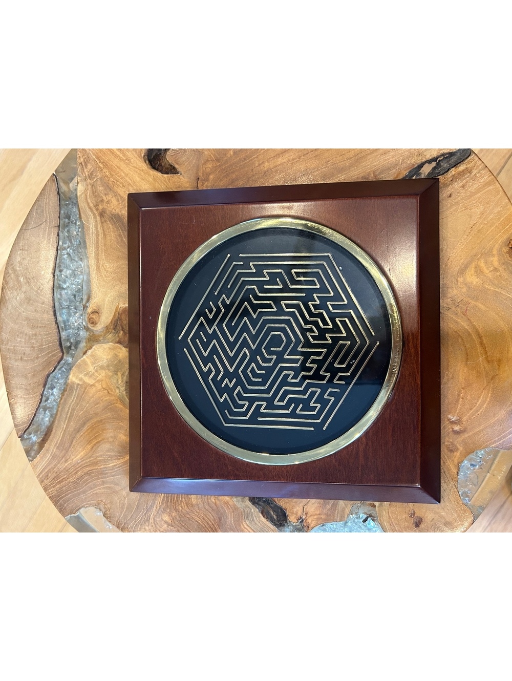 Vintage WKK 7.5" Mahogany Labyrinth Brass Wooden Cube Flat Maze